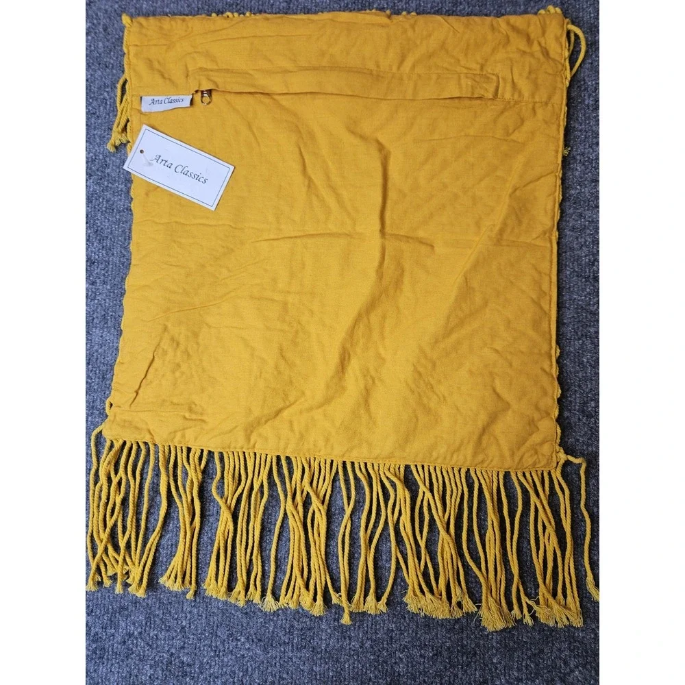 NWT Macrame Decorative Pillow Cover Yellow Fringe 15x15 Handmade Earthy India